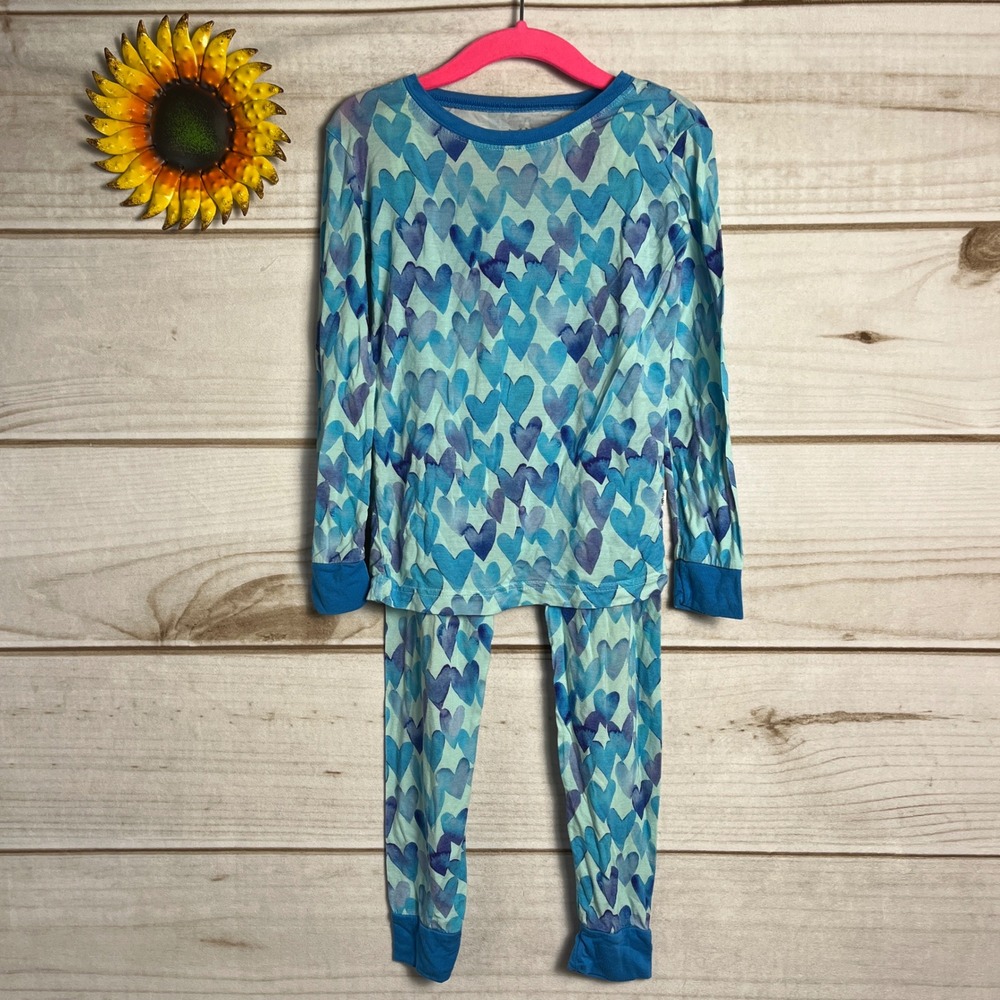 Little Sleepies Kids 4T Blue Watercolor Hearts Pajama Set Long Sleeve Pants